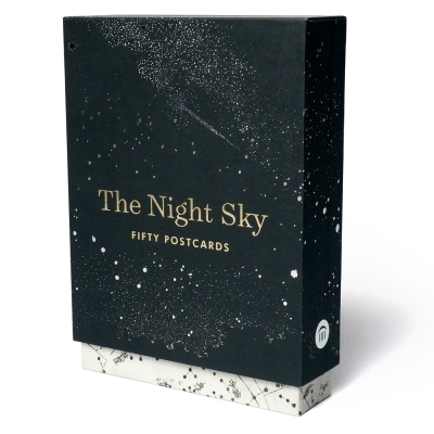 Book cover image - The Night Sky: Fifty Postcards (50 designs; archival images, NASA ephemera, photographs, and more in a gold foil stamped keepsake box;)