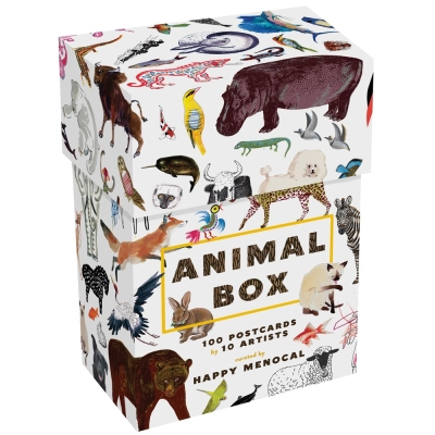 Book cover image - Animal Box: 100 Postcards by 10 Artists (100 postcards of cats, dogs, hens, foxes, lions, tigers and other creatures, 100 designs in a keepsake box)